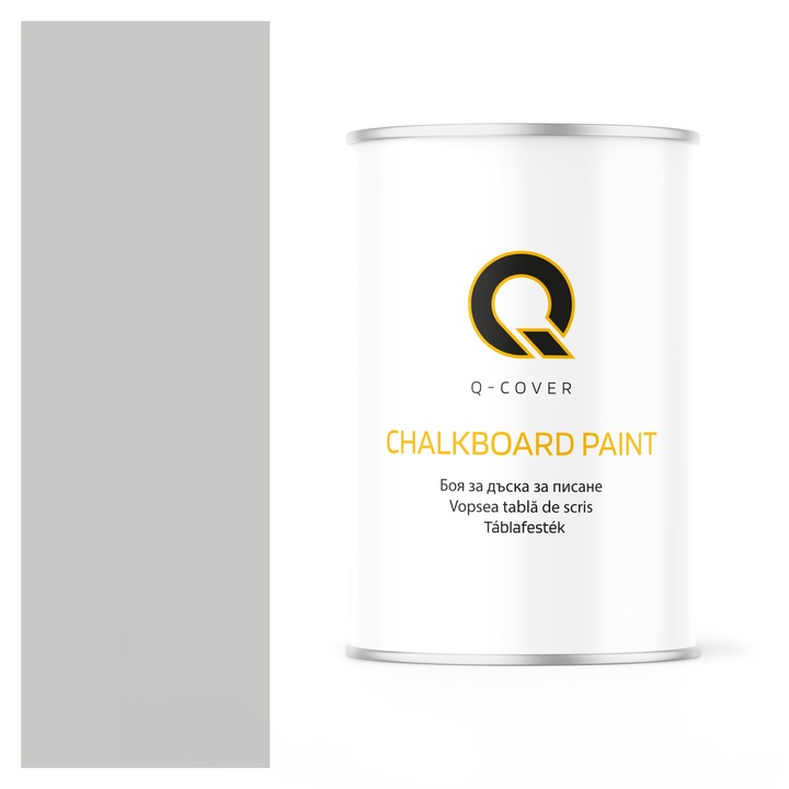 Vopsea pentru tabla de scris, Q-COVER, Gri laptos RAL7047, mat, pe baza de apa, pentru interior si exterior, uscare rapida, lavabila, rezistenta la UV, fara substante toxice, fara miros, usor de aplicat, 1L