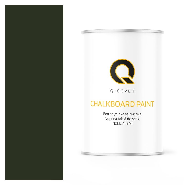 Vopsea pentru tabla de scris, Q-COVER, Verde sticla RAL6007, mat, pe baza de apa, pentru interior si exterior, uscare rapida, lavabila, rezistenta la UV, fara substante toxice, fara miros, usor de aplicat, 1L
