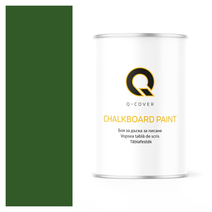 Vopsea pentru tabla de scris, Q-COVER, Verde frunza RAL6002, mat, pe baza de apa, pentru interior si exterior, uscare rapida, lavabila, rezistenta la UV, fara substante toxice, fara miros, usor de aplicat, 1L