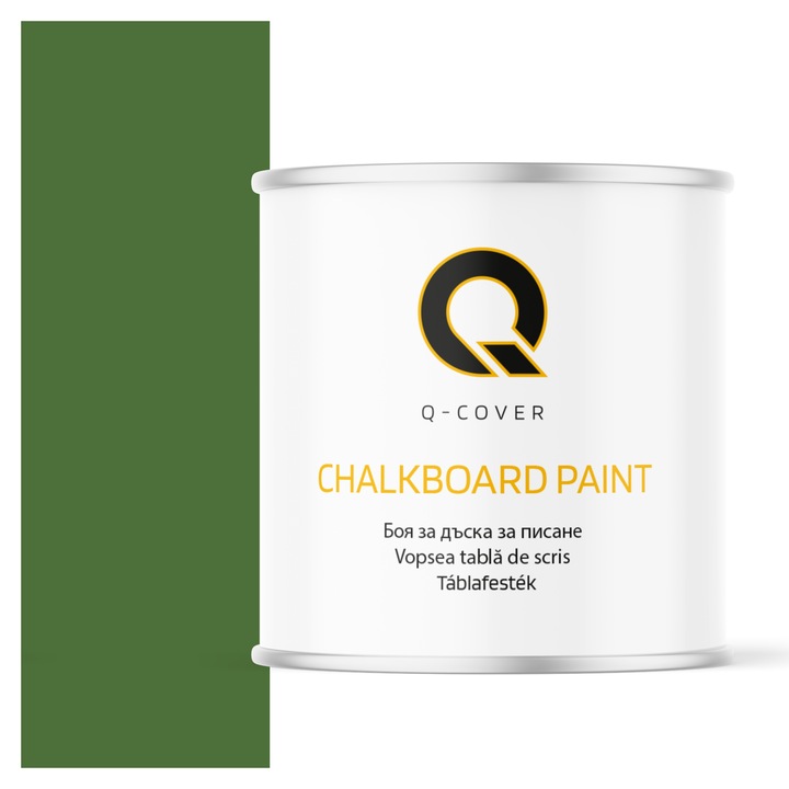 Vopsea pentru tabla de scris, Q-COVER, Verde ierbos RAL6010, mat, pe baza de apa, pentru interior si exterior, uscare rapida, lavabila, rezistenta la UV, fara substante toxice, fara miros, usor de aplicat, 2.5L