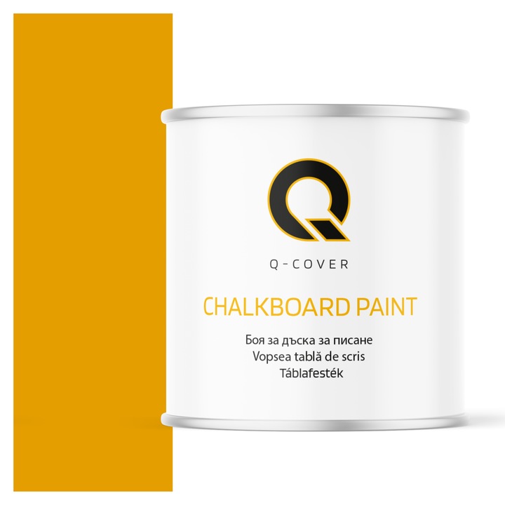 Vopsea pentru tabla de scris, Q-COVER, Galben auriu RAL1004, mat, pe baza de apa, pentru interior si exterior, uscare rapida, lavabila, rezistenta la UV, fara substante toxice, fara miros, usor de aplicat, 2.5L