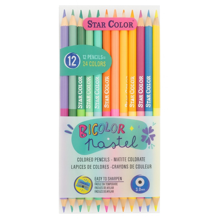 Set 12 creioane colorate bicolore Star Color Pastel, 24 nuante pastelate, usor de ascutit, multicolor