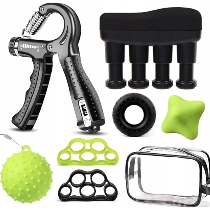 Set 7 in 1 pentru exercitii de intarire a mainilor si degetelor, 200 kg, multicolor, cu torba de transport