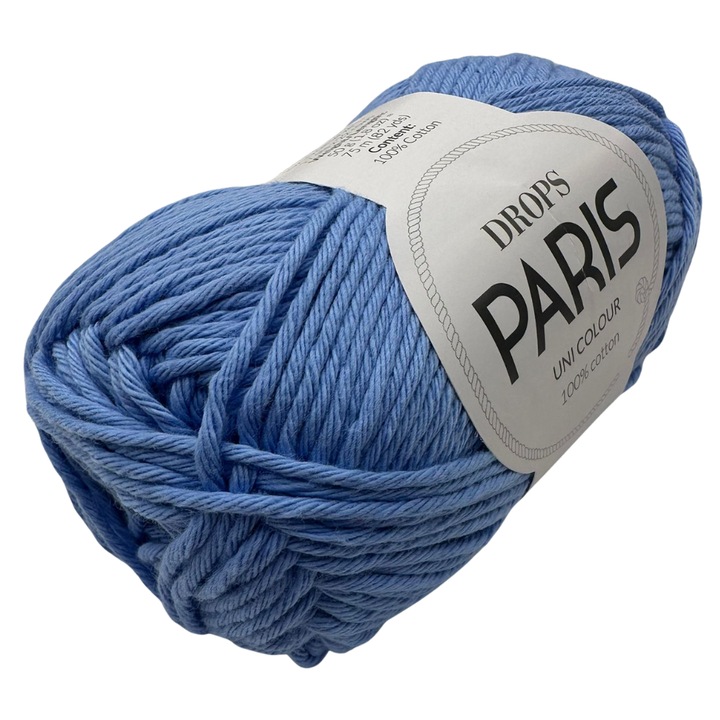 Fir de tricotat si crosetat DROPS Paris – 100% bumbac, 50g/75m, ideal pentru accesorii, articole copii, jucarii amigurumi si proiecte creative, Albastru Pastel