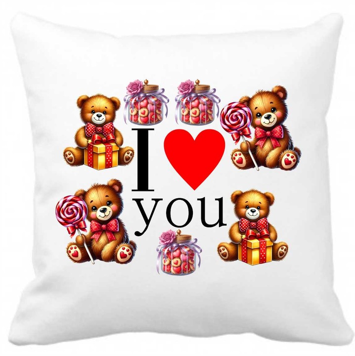 Perna personalizata cu textul "I LOVE YOU", 40 x 40 cm, poliester, alba, CRD PRINT