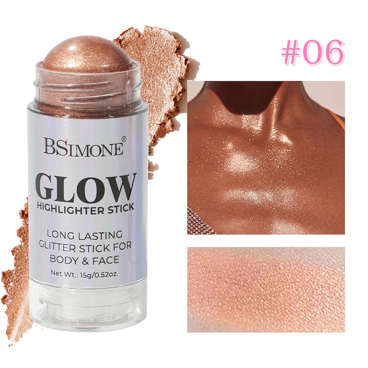 Iluminator stick BSimone pentru machiaj, stick sclipitor pentru fata si corp, rezistent la apa, de lunga durata, 06