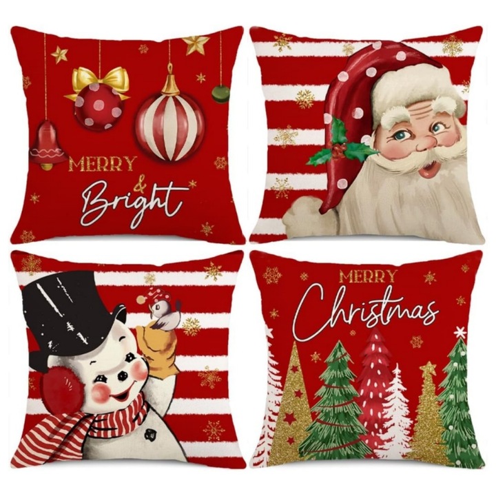 4 Fete de perna decorative Craciun cu modele potrivite pentru decorarea canapelei a dormitorului moi si prietenoase cu pielea, Mos Craciun Rosu,45x45cm