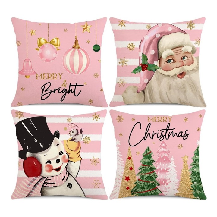 4 Fete de perna decorative Craciun cu modele potrivite pentru decorarea canapelei a dormitorului moi si prietenoase cu pielea, roz,45x45cm