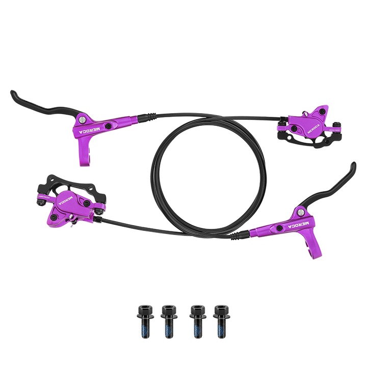 MEROCA MT-500 Set frane hidraulice disc pentru MTB, Sistem 2 pistoane cu ulei mineral, Rezervor monobloc, Silentios si reactiv, Plug & Play, Set complet (stanga/spate + dreapta/fata), violet