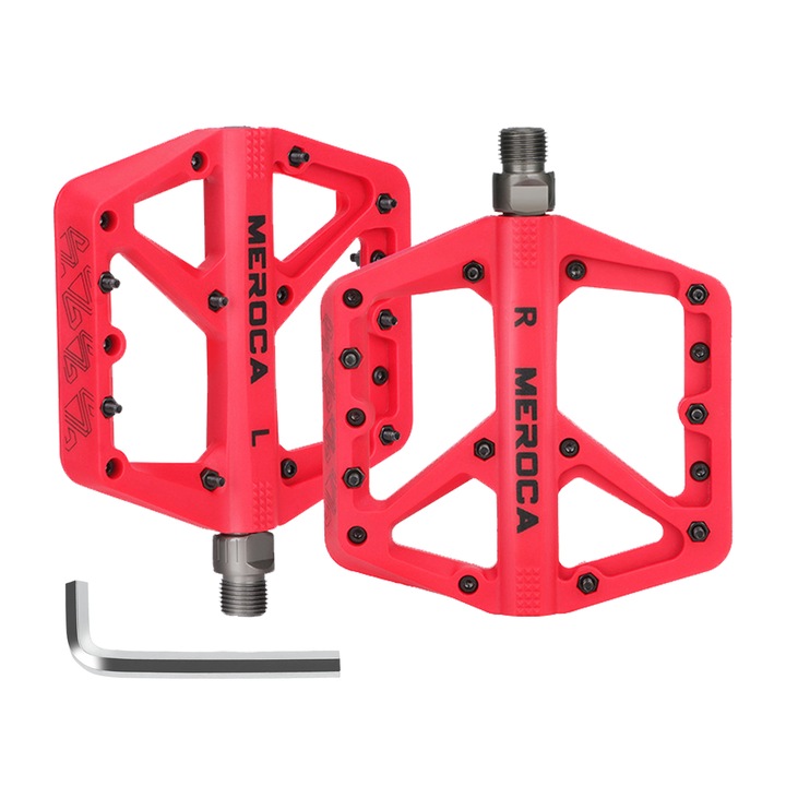 Pedale bicicleta, MEROCA, Material nylon, ax din otel，115mm, rosu
