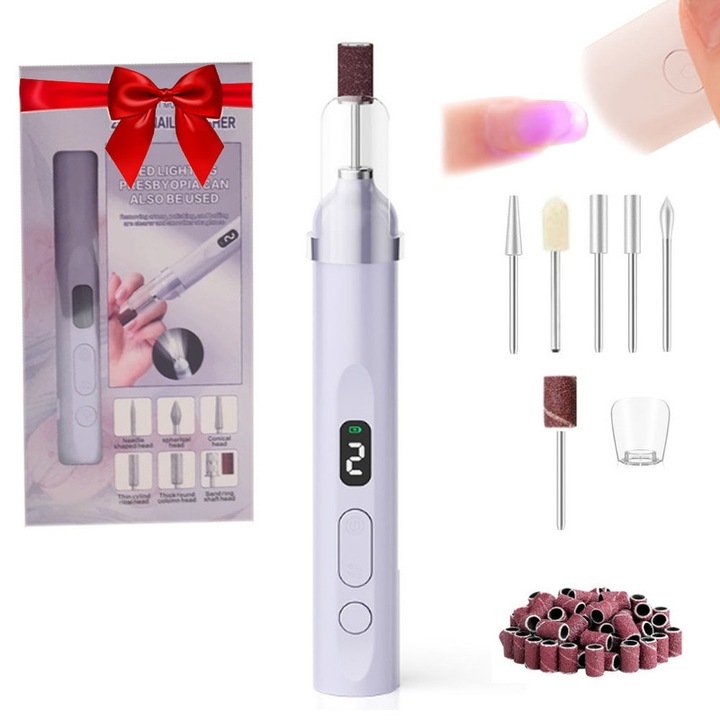 7 Set Freza electrica profesionala pentru unghii, Freza electrica + Lampa UV/LED, portabila, reincarcabila, cu 5 capete detasabile, sistem automat de racire, design ergonomic, mov