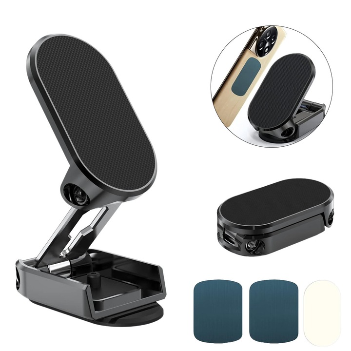 Mágneses autós telefontartó, SAMOLEUS, univerzális, összecsukható, 360°-ban állítható szög, szélvédőre vagy műszerfalra szerelhető, fekete