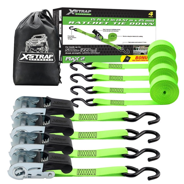 Chingi de legat cu ratchet XSTRAP STANDARD, set de 4 buc, 15ft, capacitate 500 lbs, rezistenta 1500 lbs