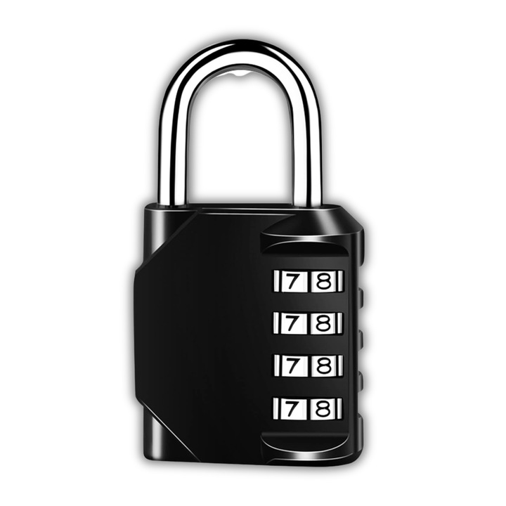 Lacat cu cifru 4 cifre resetabil, fara cheie, din aliaj de zinc, sigur si durabil, 80x43x20 mm, ideal pentru dulapuri, sali de sport, garaje si porti, culoare neagra