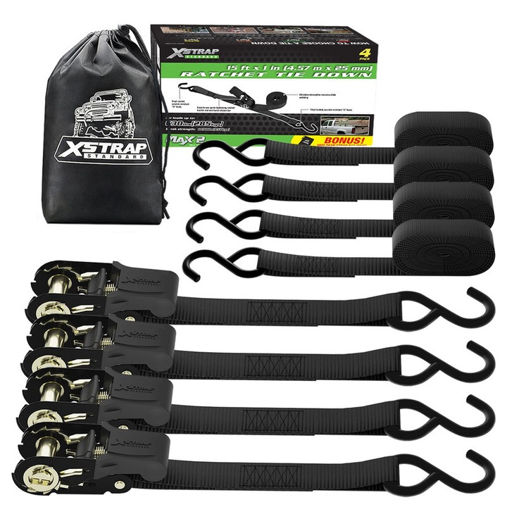 Chingi de legat XSTRAP STANDARD, set 4 buc, 1''x15ft, capacitate 630 lbs, culoare negru