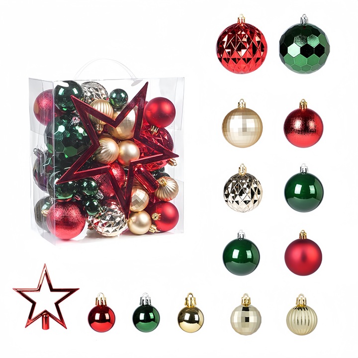 Set de 50 globuri de Craciun, TasyPins, multicolor, dimensiuni variate (3-20cm)
