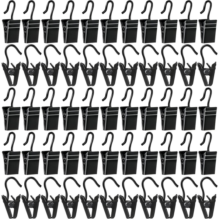 Set 60 Cleme Metalice cu Carlige pentru Perdele, Kinmsito, Negre, Multifunctionale