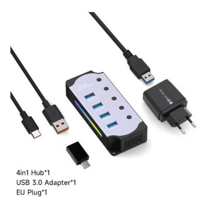 Hub USB 3.0 cu 4 porturi, aluminiu, alimentare externa, viteza 5Gbps, splitter extensie PC/laptop