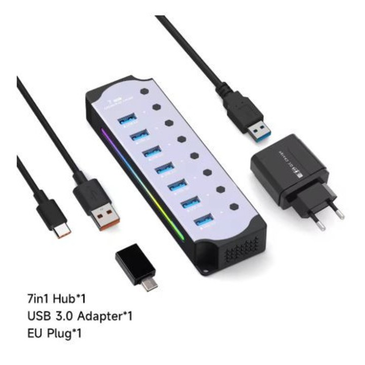 Hub USB 3.0 cu 7 porturi, aluminiu, alimentare externa, viteza 5Gbps, splitter pentru laptop/PC
