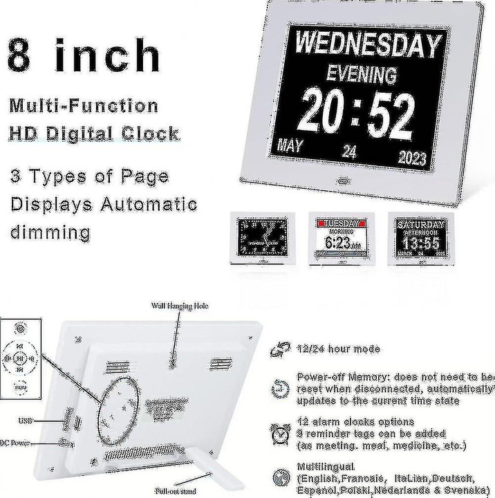 Több kijelzős dekoratív óra időseknek, automatikus fényerő-szabályozás, 12 riasztás, 8 nyelvet támogat, többszínű, 30x20cm