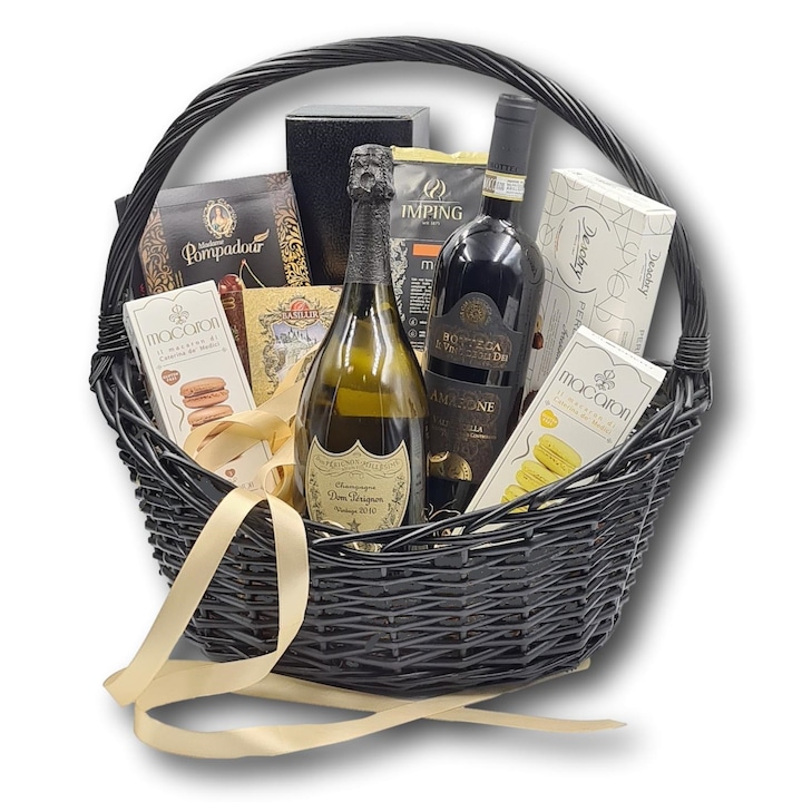 Cos cadou exclusiv, CADOURI PREMIUM®, model Best Moments, cu sampanie Dom Perignon, vin italian de colectie Bottega Amarone, ceai Basilur si o selectie de bunatati alese pentru ocazii cu adevarat speciale