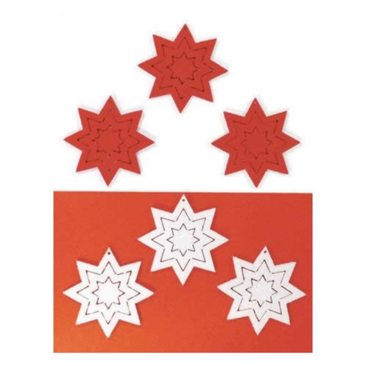 Figurina din fetru - Stea, liniata, alb-rosu (6 buc/cutie, diametru aprox.: 6 cm)