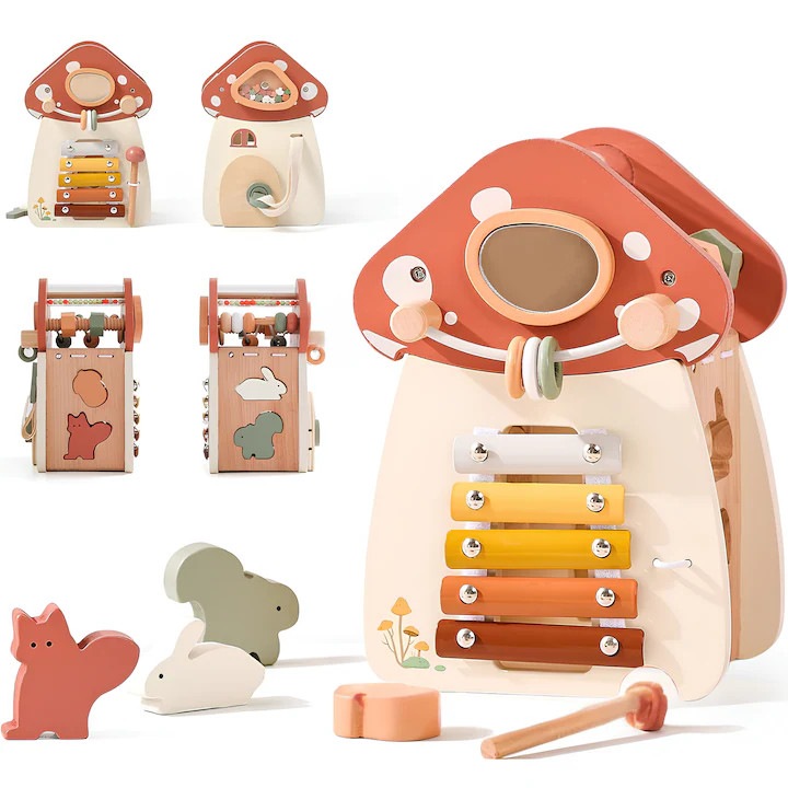 Interaktív 8 az 1-ben babajáték, gomba alakú házikó, természetes fából, 1 évesnél idősebb gyermekek számára
