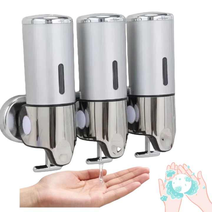 Set dozator gel de dus, sampon, sapun lichid, balsam sau balsam de par pentru baie, bucatarie, restaurant, 3 pulverizatoare x 500 ml cu vopsea argintie si trei duze