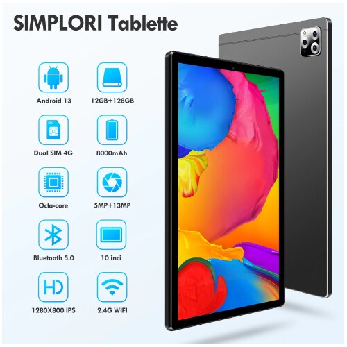 Tableta M107 de 10 inch, Android 13, 12GB（6+6） RAM+128GB ROM