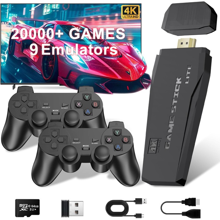 Set Consola jocuri video retro cu 2 controler wireless Ydene®, 20000 de jocuri incorporate, 9 Emulatoare Clasice, 4K HDMI, 2.4 GHz, 64GB, Plug si Play, Pentru TV, Proiector, Monitor, Negru