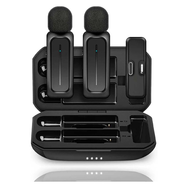 Microfon Wireless Cu Carcasa, Gearpro, Doua Microfoane Incluse, Reducere Activa A Zgomotului, Raza De Pana La 20 De Metri, Carcasa Cu Functie De Powerbank, Negru