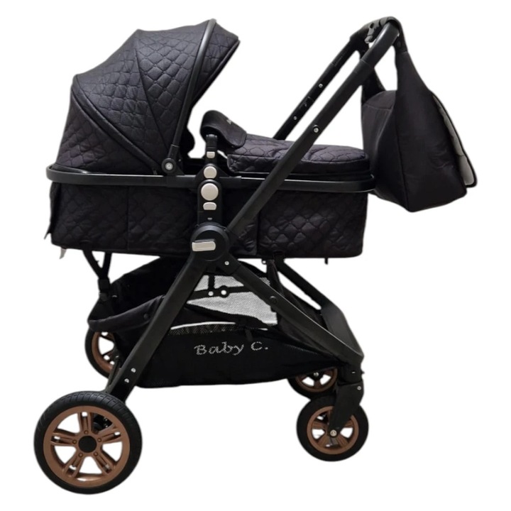 Количка 2 в 1 Baby Care X2S, обръщаема дръжка, с бебешка чанта, амортисьори, твърди гумени колела AVE, 3-степенна регулируема облегалка, мрежа против насекоми, черна