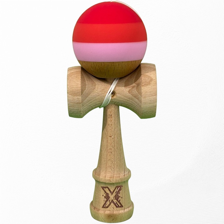 Kendama X Originala, Profesionala, Flippy, din Lemn, 18 cm, Rubber Grip, Rosu inchis/Rosu/Alb