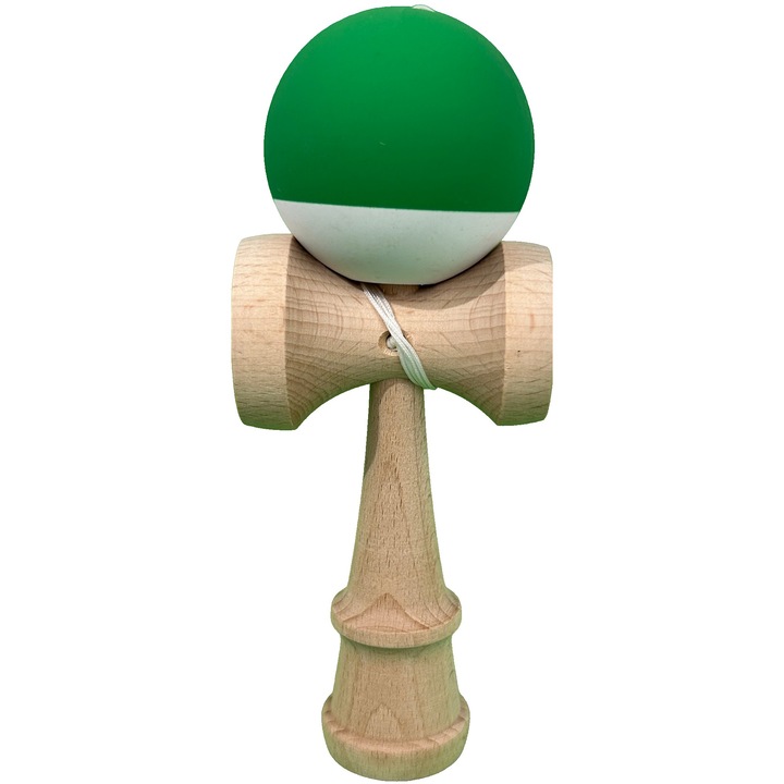 Professzionális interaktív kendama játék, Flippy, fa, 18 x 7 x 6 cm, ügyességi játék gyerekeknek és felnőtteknek, kétszínű zöld-fehér