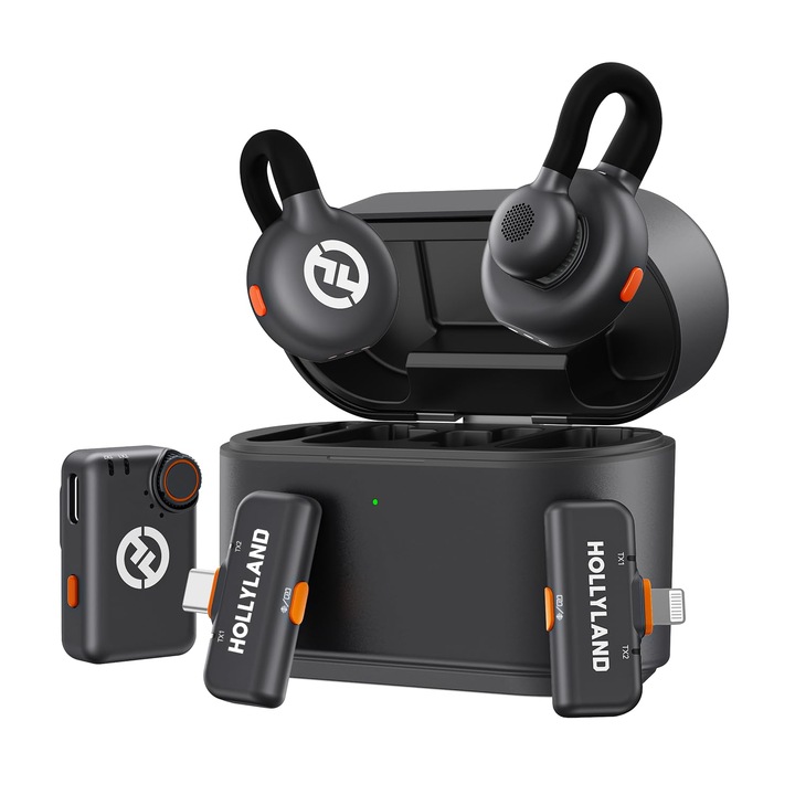 Microfon Lavalier Wireless Hollyland Lark M2S Ultimate Combo pentru iPhone/Camera/Android/PC, Microfon Compact (Camera RX+USB-C RX+Lightning RX), Clip din Titan, Anulare Zgomot, Creare de Continut