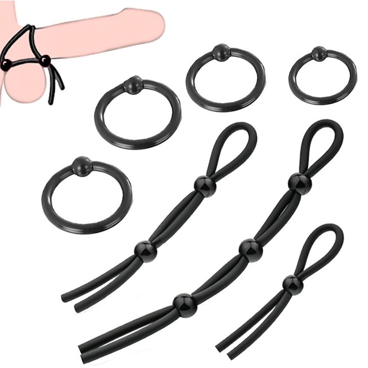 Állítható péniszgyűrű készlet, 7 méret, fekete szilikon, ejakuláció késleltetése, erekció javítása
