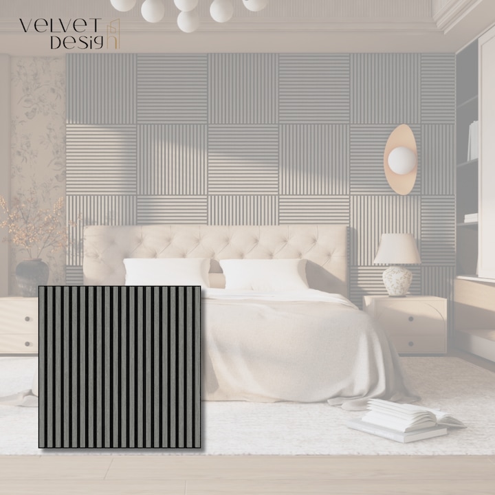 Riflaj decorativ modular Top Line, panou acustic din lamele MDF cu furnir natural si baza fetru PET, culoare Gri Nordic, 600 x 600 x 21 mm, 0.36 mp suprafata acoperita, atenuare zgomot 80% (NRC 0.8), Velvet Design