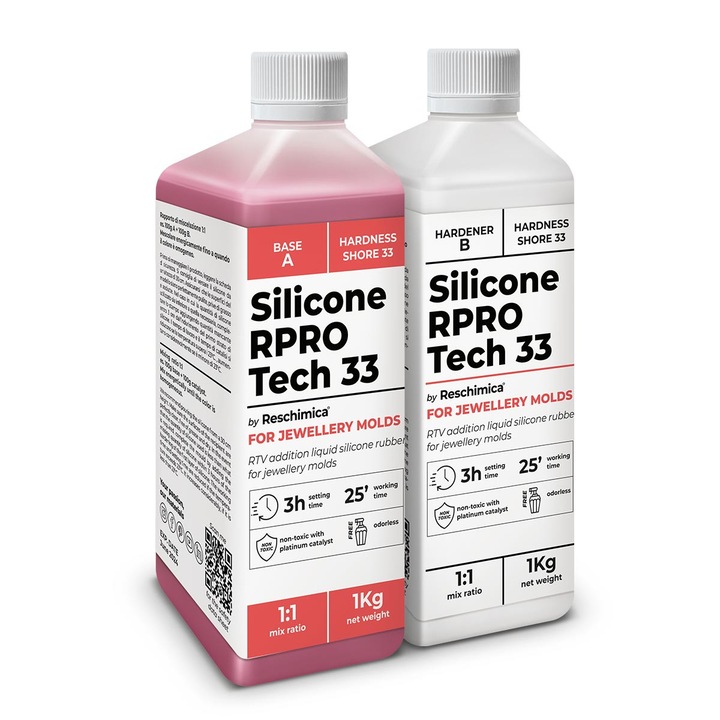 Cauciuc siliconic pentru matrite 1:1 pentru temperaturi ridicate R PRO Tech 33, rezistent la temperaturi inalte, 33 Shore, creeaza matrite profesionale fara contractie liniara (2 kg)