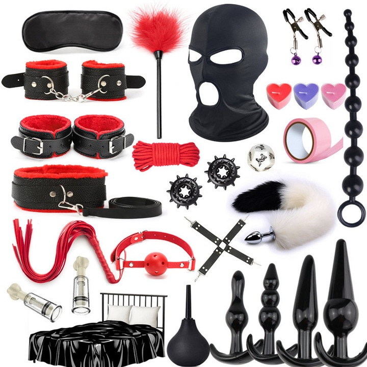 Kit BDSM cu 28 de jucarii sexuale pentru bondage, Kaziyi, include dop anal, masca fetis, cearsaf sexual, set de imobilizare, instrumente pentru placerea cuplurilor