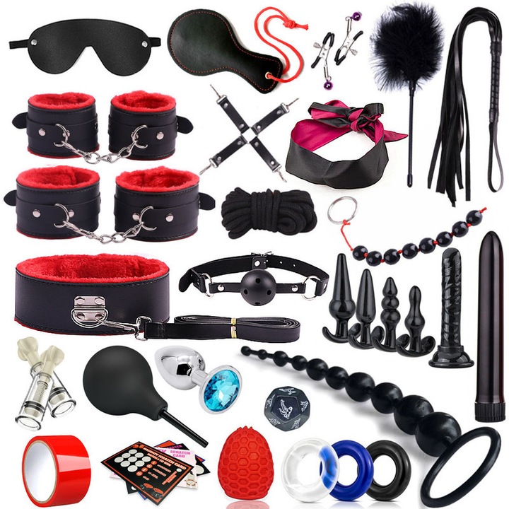 Set 34 piese jucarii BDSM, accesorii pentru cupluri, catuse, plug anal, dildo, bici, masca, materiale de calitate