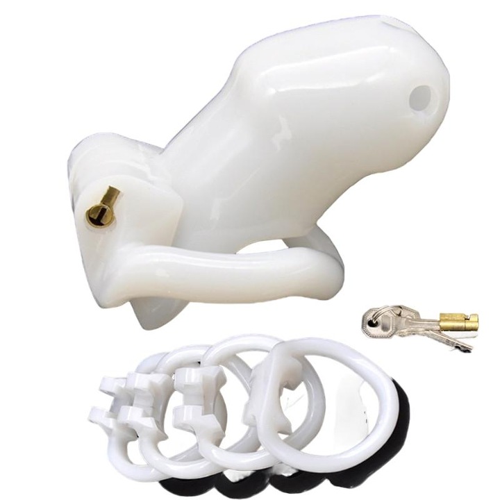 Centura de castitate pentru barbati, Kaziyi, material din rasina alba, 4 inele ajustabile, cu lacat si cheie