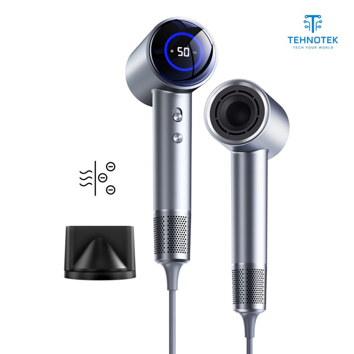 Професионален йонен сешоар TehnoTek®, отрицателни йони, бързо сушене като в салон, мощност 1600 W, 2 скорости и 3 температурни настройки, мотор 110 000 об/мин, минималистичен дизайн, метален цвят