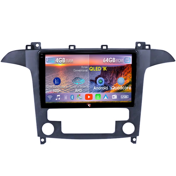 Navigatie dedicata Ford S-Max 2006-2015, 4GB RAM 64GB ROM, Octacore, Android 14, Display QLED 1K 9", Carplay&Android Auto, SIM 4G, Ventilator Activ