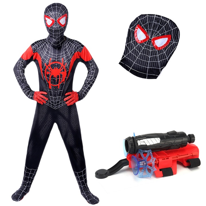 Gyermek Pókember Miles Fiú Szett, Miles Morales Maszkkal, Halloweenre, Cosplayre, Karácsonyra, Hálós Poliészter, 110cm