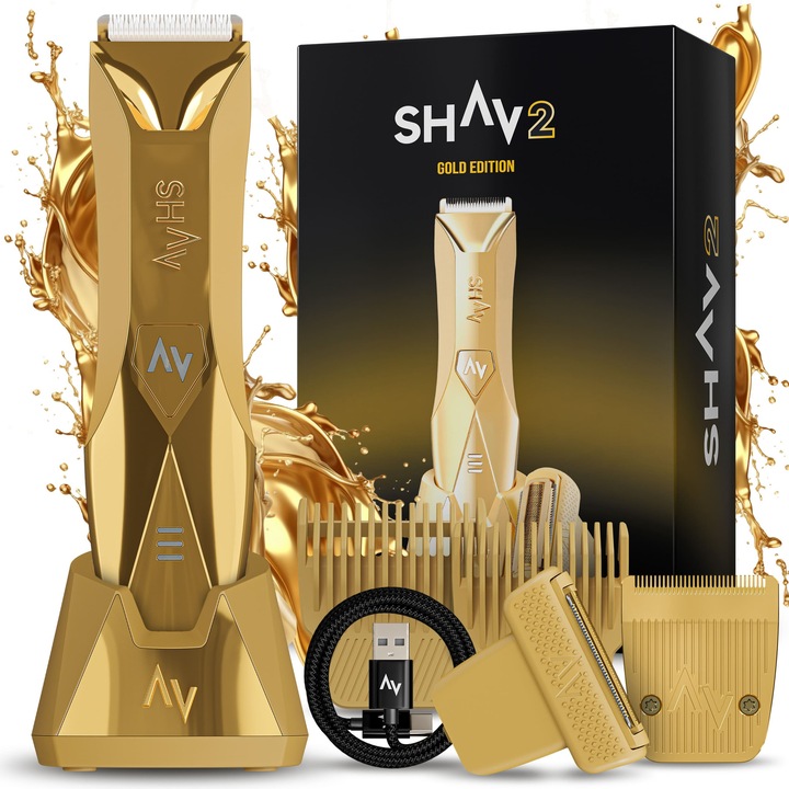 Aparat de Ras pentru Barbati - Shav 2™, Zona corporala, Electric, Lame de Inlocuire, Rezerva Lame, Tehnologie CutFree, Impermeabila, Umed si Uscat, IPX7, Zona intima, GOLD
