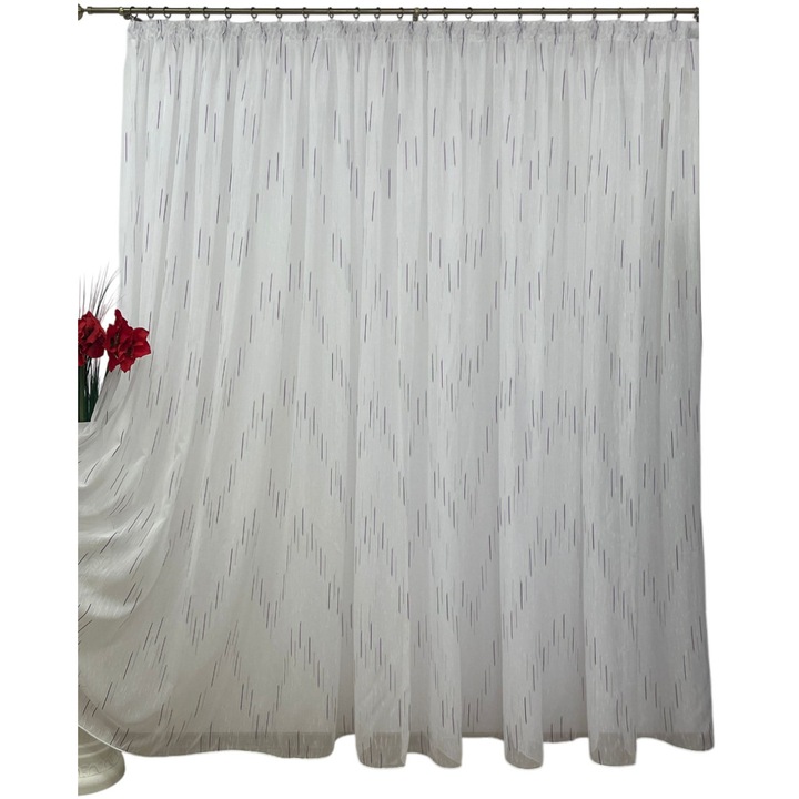 Perdea alba brodata mecanic, cu rejansa, culoare alb/mov, din colectia "Joc de linii" by Liz Line, 800x245cm PD0538