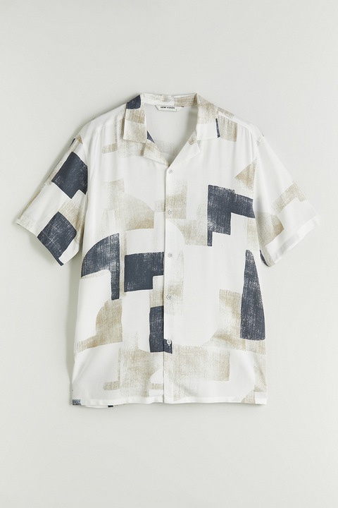 LC WAIKIKI, Camasa cu model si maneci scurte Vision, Albastru inchis/Alb murdar, S