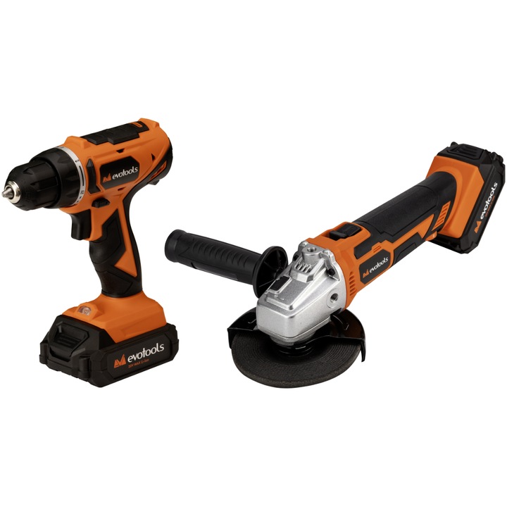 Kit Promo Masina de Gaurit si Insurubat si Polizor Unghiular cu 2 Acumulatori si Incarcator MAX 20V POWER Evotools