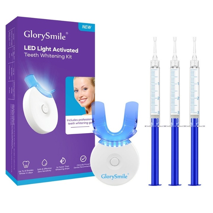 Kit de albire a dintilor cu lumina LED albastra si 3 geluri - GlorySmile®, Albire profesionala acasa, in doar 10 minute pe zi
