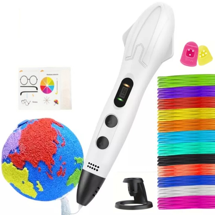 Комплект писалки WALALLA за 3D принтиране с LED дисплей, два режима PLA/ABS, 1,75 мм PLA нишка, 12 цвята, 3 м ленти, с аксесоари, бял